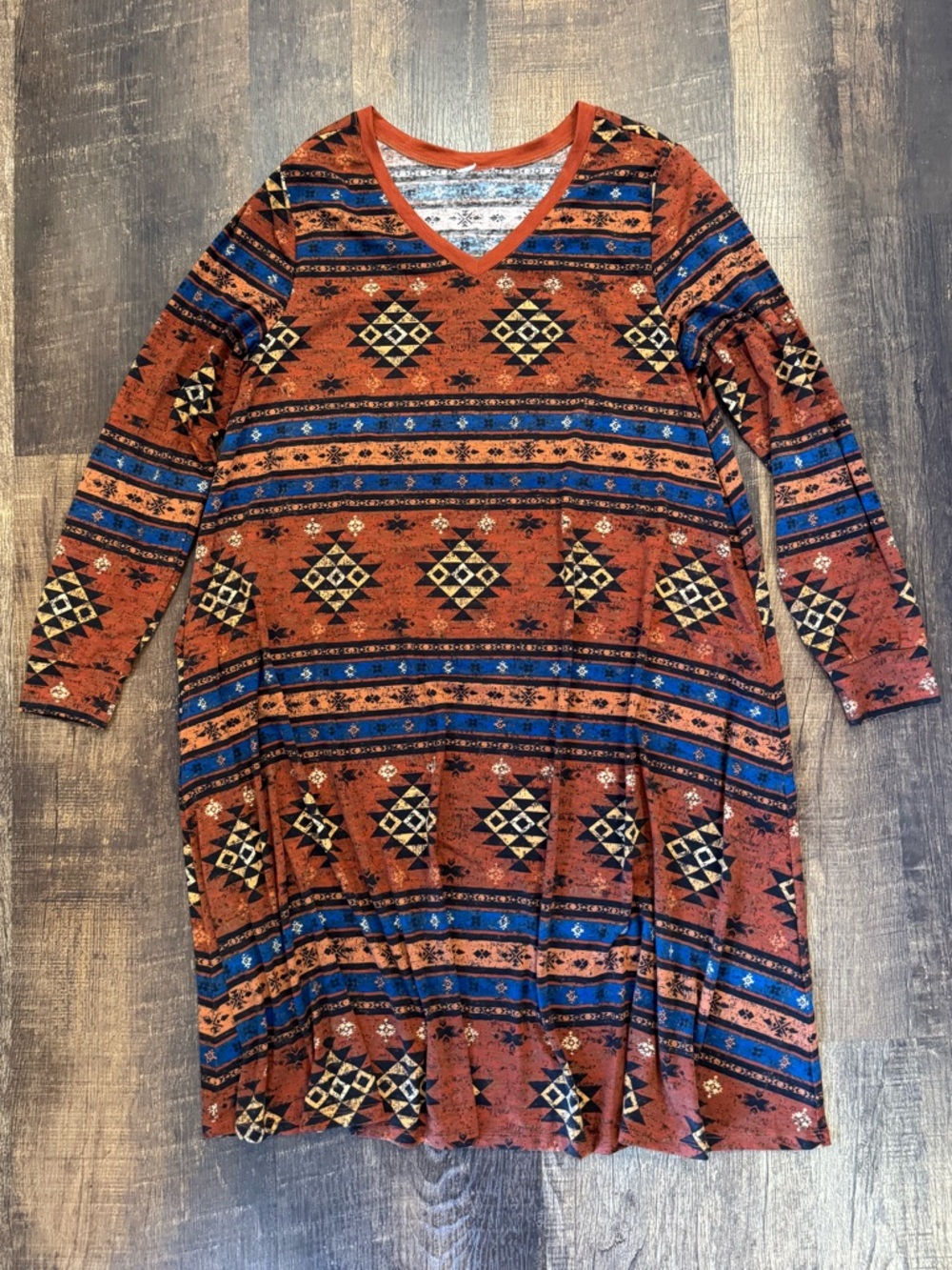 LuLaRoe Women's Midi Dress - Rust and Navy Aztec Pattern